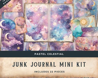 Pastel Celestial Junk Journal Mini Kit Fantasy Magical Ephemera Galaxy journal Moon Stars junk journal kit digital download  - 11x8.5