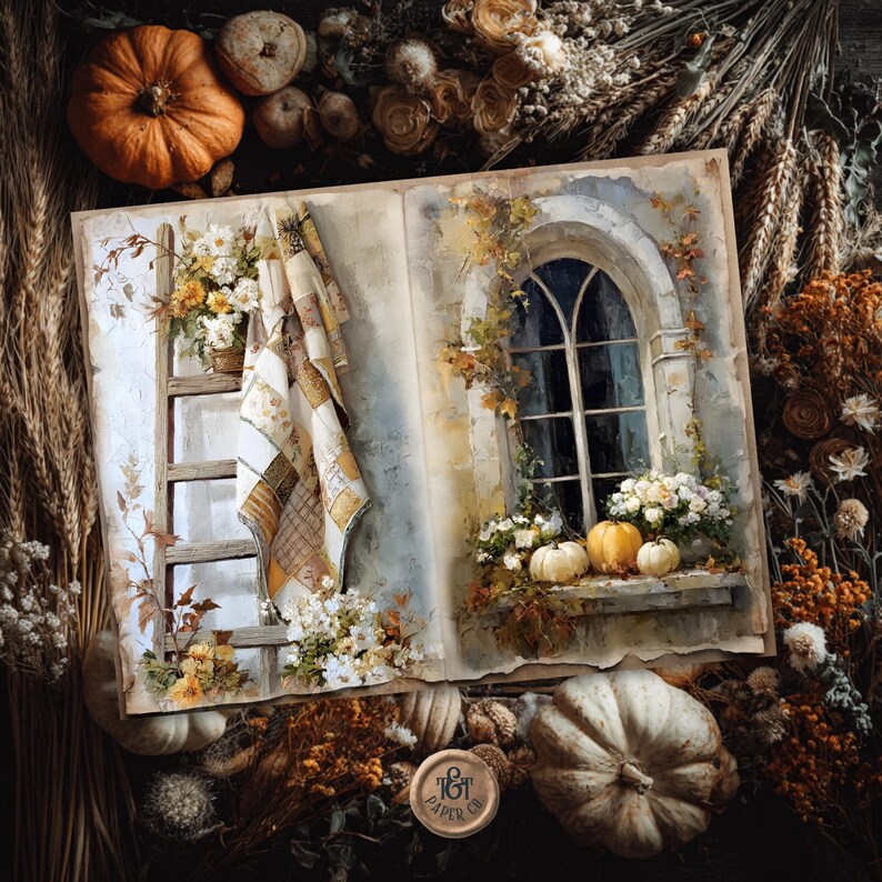 May include: An open book illustration with a fall theme. The artwork features a window with pumpkins and flowers, a ladder, and a quilt. The color palette includes warm tones of orange, yellow, and brown, evoking a cozy autumn atmosphere.