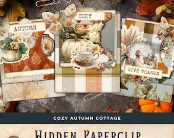 Cozy Autumn Cottage Hidden Paperclips, 3 kits, loaded pocket soft fall aesthetic harvest fall ephemera thanksgiving digital download  11x8.5