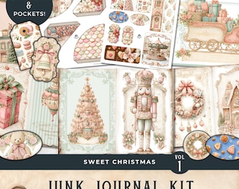 Sweet Pink Christmas Junk Journal Kit - Holiday pastel papers Christmas ephemera sweet season nutcracker kit digital download vol1 - 11x8.5