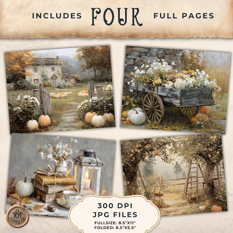 May include: Four full pages of digital art prints. The images feature autumnal scenes with pumpkins, a farmhouse, and a rustic cart. The prints are 21.6cm x 27.9cm and folded to 21.6cm x 14cm.