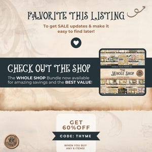 May include: Promotional graphic with text: "FAVORITE THIS LISTING" and "CHECK OUT THE SHOP". Includes a product display with the text "THE WHOLE SHOP" and a discount offer of 60% off with code THYME when buying 6 items.