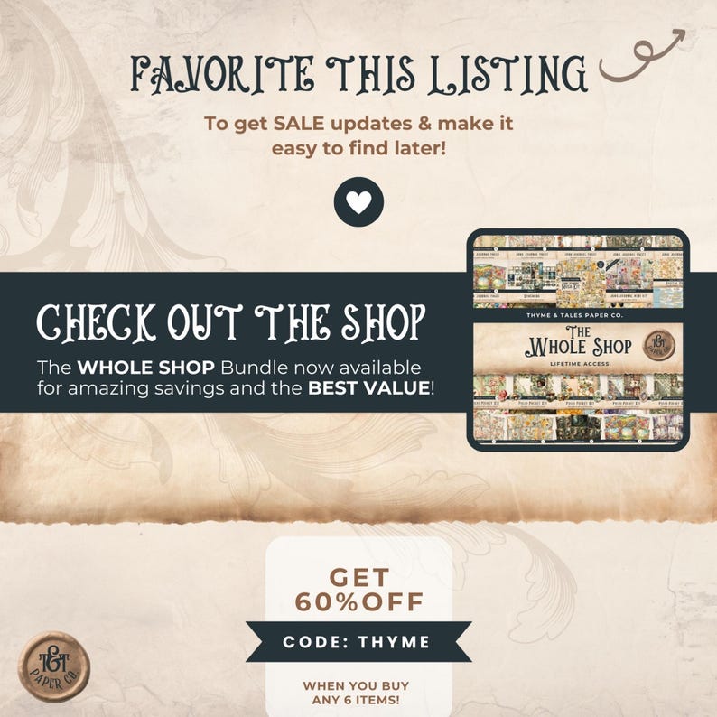 May include: Promotional graphic with text: "FAVORITE THIS LISTING" and "CHECK OUT THE SHOP". Includes a product display with the text "THE WHOLE SHOP" and a discount offer of 60% off with code THYME when buying 6 items.