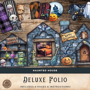Puede incluir: Colección de manualidades de papel con temática de Halloween, que incluye recortes de casas encantadas, figuras de calaveras y momias, y una calabaza. Las palabras "Happy Halloween" y "Deluxe Folio" son visibles. La combinación de colores es oscura con acentos naranjas y morados.