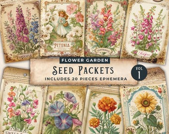 Puede incluir: Ilustraciones de paquetes de semillas de estilo vintage que representan varias flores, incluyendo espuela de caballero, guisante dulce, petunia, boca de dragón, dedalera, gloria de la mañana, caléndula y girasol. Los paquetes están etiquetados con los nombres de las flores y tienen un aspecto desgastado y envejecido. El texto "Flower Garden Seed Packets Vol 1 Includes 20 Pieces Ephemera" está en la parte inferior de la imagen.