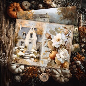 May include: Vintage-style prints with watercolour illustrations. The prints show a cottage, white roses, and pumpkins in autumnal colours. The arrangement includes dried wheat, gourds, and a circular logo.