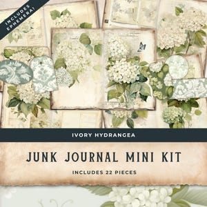 May include: A collection of vintage-style paper ephemera with ivory hydrangea floral designs. Includes tags, journal pages, and decorative elements. The text "IVORY HYDRANGEA" and "JUNK JOURNAL MINI KIT" are visible.