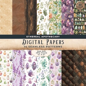 Papel de boticário vitoriano, padrão digital sem costura, páginas decorativas de ervas, grimório, textura de madeira envelhecida, páginas de poções - vol. 1, 12x12
