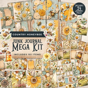 Country Honey Bee Junk Journal Mega Kit, Ephemera Wildflower Daisy Bee Folio Pockets, Envelopes, Tags Beekeeper Journal Digital - 11x8.5
