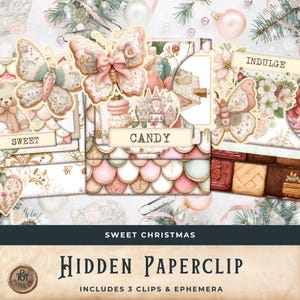 May include: A collection of decorative paperclips and ephemera with a Christmas theme. The design features butterfly and candy motifs in pastel pink, white, and green. The text "SWEET CHRISTMAS" and "HIDDEN PAPERCLIP" are visible.
