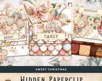 Puede incluir: Colección de clips decorativos y efímeras con temática navideña. El diseño presenta motivos de mariposas y caramelos en tonos pastel rosa, blanco y verde. El texto "SWEET CHRISTMAS" y "HIDDEN PAPERCLIP" son visibles.