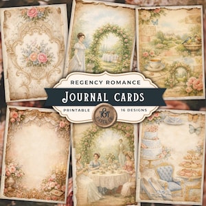 May include: A collection of printable "Regency Romance Journal Cards" with 16 designs. The cards feature vintage-style illustrations of floral arrangements, garden scenes, and elegant ladies. The cards have a distressed, aged paper effect.