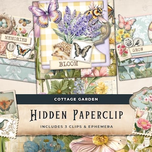 May include: A collage of paper ephemera with a cottage garden theme. The design includes butterflies, lavender, a hedgehog, and the text "BLOOM". The words "HIDDEN PAPERCLIP" and "INCLUDES 3 CLIPS & EPHEMERA" are also visible.