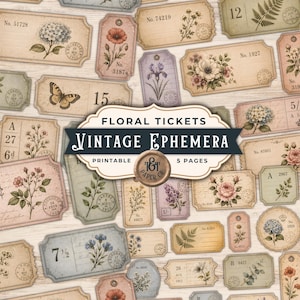 May include: A selection of vintage floral tickets and ephemera with botanical illustrations. The tags feature various flowers, butterflies, and ferns in soft pastel colours. The text includes numbers, dates, and the words "Floral Tickets" and "Vintage Ephemera".
