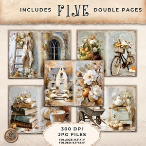 May include: A set of digital art prints with watercolour illustrations. The images depict a ladder with flowers, a window, a basket of fruit, a bicycle with flowers, a house, a stack of books, a cup of coffee, a wheelbarrow, and a cabinet. The text reads "INCLUDES FIVE DOUBLE PAGES".