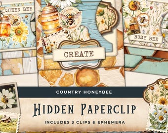 Country Bee Hidden Paperclips, 3 kits, loaded pocket, honey bee Junk Journal kit ephemera Honeybee, busy bee, digital download  11x8.5
