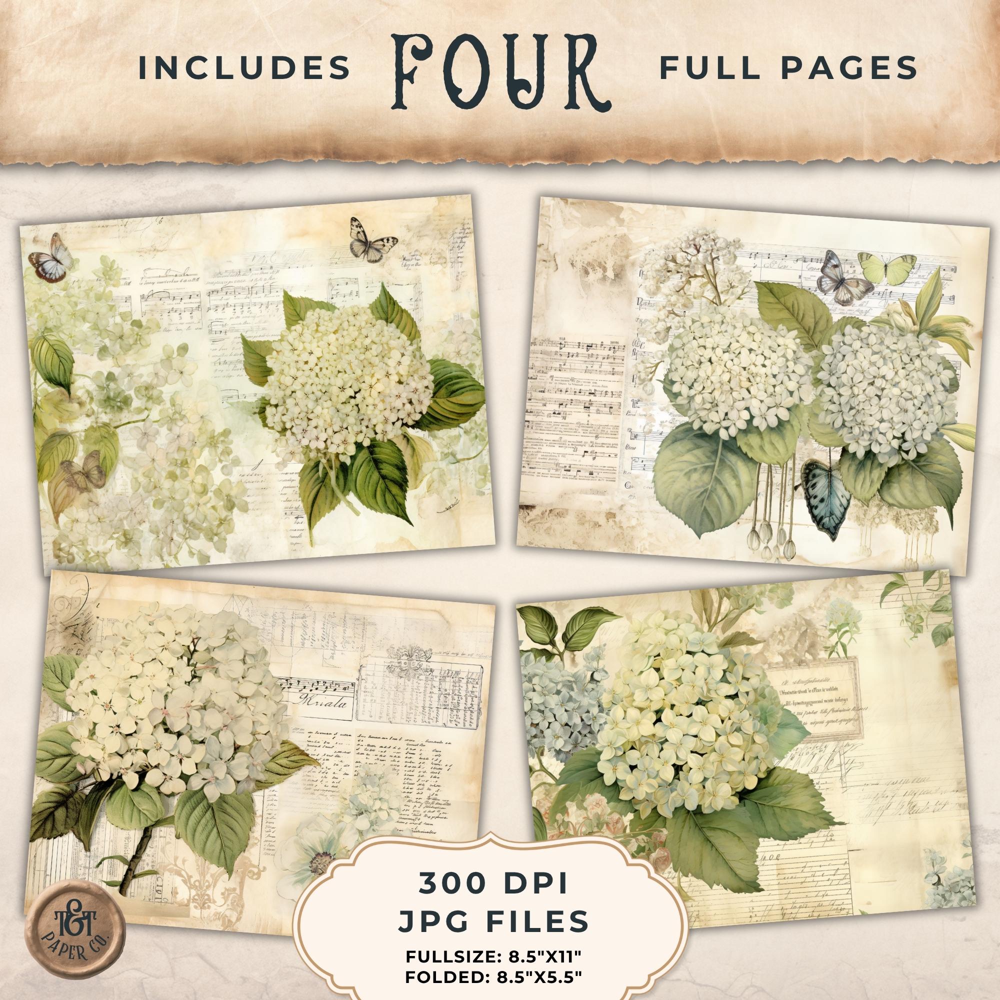 Ivory Hydrangea Junk Journal Mini Kit Decoupage Paper Ephemera Floral ...