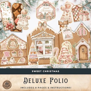 Puede incluir: Un folio de lujo con temática navideña con diseños de casas de jengibre, etiquetas y un hombre de jengibre. La imagen presenta el texto "Sweet Christmas" y "Deluxe Folio". El folio incluye 8 páginas e instrucciones.