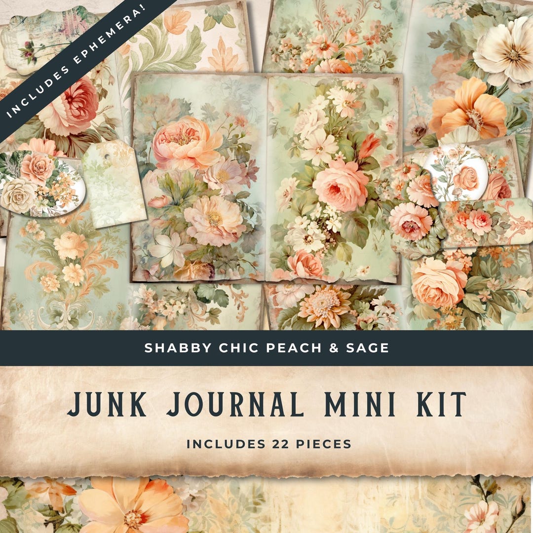 Shabby Chic Junk Journal Mini Kit Peach and Sage Floral, Garden ...