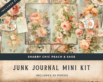 Shabby Chic Junk Journal Mini Kit Peach and Sage Floral, Garden Ephemera, botanical journal, junk journal kit, digital download  - 11x8.5
