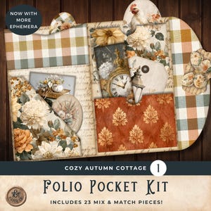 Op de afbeelding: Een Cozy Autumn Cottage Folio Pocket Kit met 23 mix & match stukken. De kit bevat verschillende papieren met patronen, bloemmotieven en een zakje met een ruitpatroon. De kit bevat ook een zakhorloge en een illustratie van een haan.