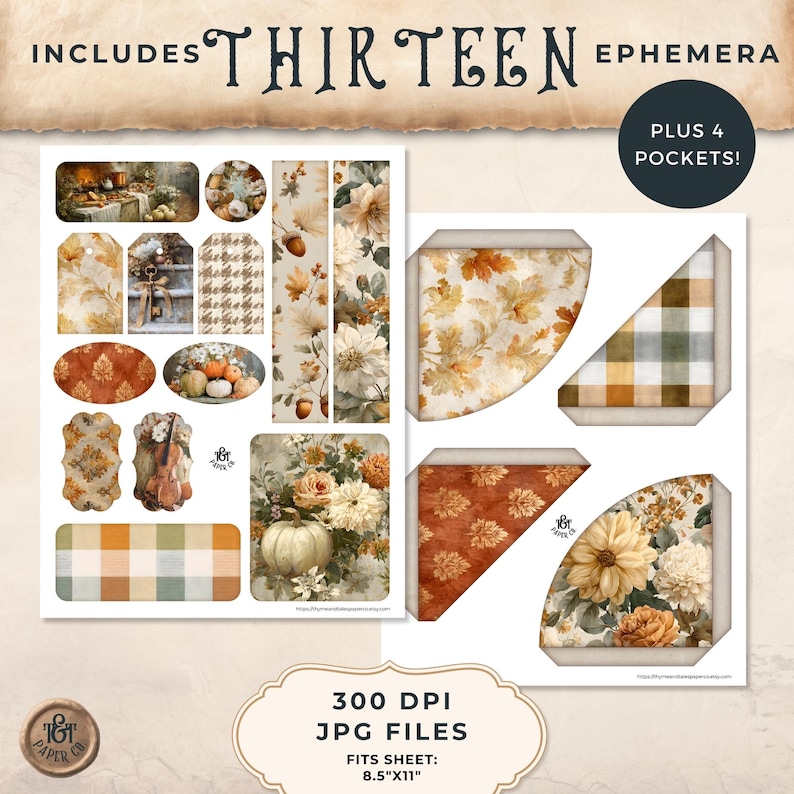 May include: A selection of vintage-style ephemera, including tags, labels, and pocket designs. The designs feature floral and autumnal elements, with a colour palette of creams, oranges, and greens. The text includes "Includes Thirteen Ephemera" and "Plus 4 Pockets!" The sheet size is 21.59cm x 27.94cm.