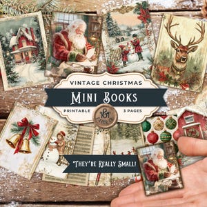 May include: A collection of vintage Christmas mini books with various winter scenes, including Santa Claus, snow-covered houses, and a reindeer. The text on the image reads "Vintage Christmas Mini Books" and "They're Really Small!"