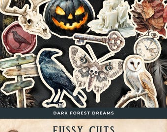 May include: A collection of fussy cut paper ephemera with a dark forest theme. Includes a jack-o'-lantern, crow, moth, owl, key, candles, and a deer skull. The text reads "DARK FOREST DREAMS" and "FUSSY CUTS".
