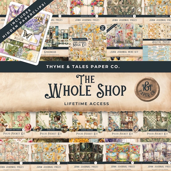 Entire Shop Bundle Junk Journal, lifetime access pass, Entire Shop, Junk journal kit, Downloadable Pages, Crafting Papers, printable bundle