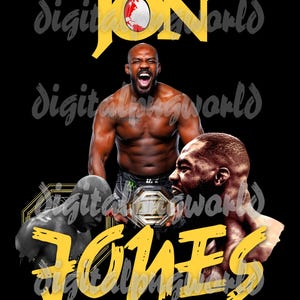 Può includere: Un design grafico nero e giallo con il nome "Jon Jones" in grandi lettere gialle. L'immagine presenta una foto di un combattente di arti marziali miste che tiene una cintura da campione.