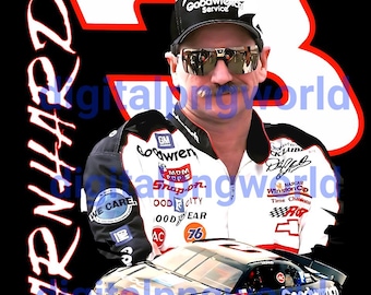 May include: A black and white race car with the number 3 on the side. The car is a Monte Carlo and has the words "Goodwrench Service" on the side. The driver, Dale Earnhardt, is wearing a white racing jacket with sponsors' logos and a black cap with the words "Goodwrench Service".
