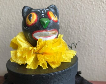 Black Cat Halloween Whimsical Folk Art Papier Mache' Candy Container