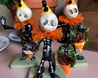 Set of Three Whimsical Folk Art Papier Mache' Skeletons Hand Scrupled Trick-or-Treaters by Terry Graber