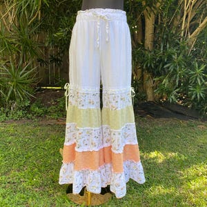 Reworked Floral Flare Pants: Linen Cotton Patchwork, Boho Cottagecore - S/M