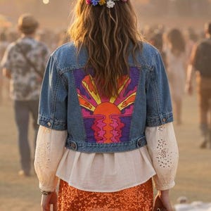 Hand-Painted Denim Jacket: Retro Sunset Design (Size Small)