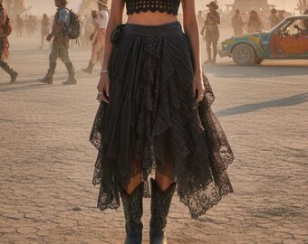 Upcycled Black Lace Wrap Skirt: Gothic Chiffon Tulle Overlay Multi sized