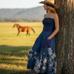 Upcycled Blue Linen Strapless Dress: Boho Floral Rayon Hem (Size Medium)