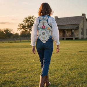 Puede incluir: Una persona con una blusa blanca con ribete de encaje y un chaleco vaquero adornado con bordados florales coloridos, combinada con vaqueros azules y botas de vaquero marrones, caminando por un campo de hierba.
