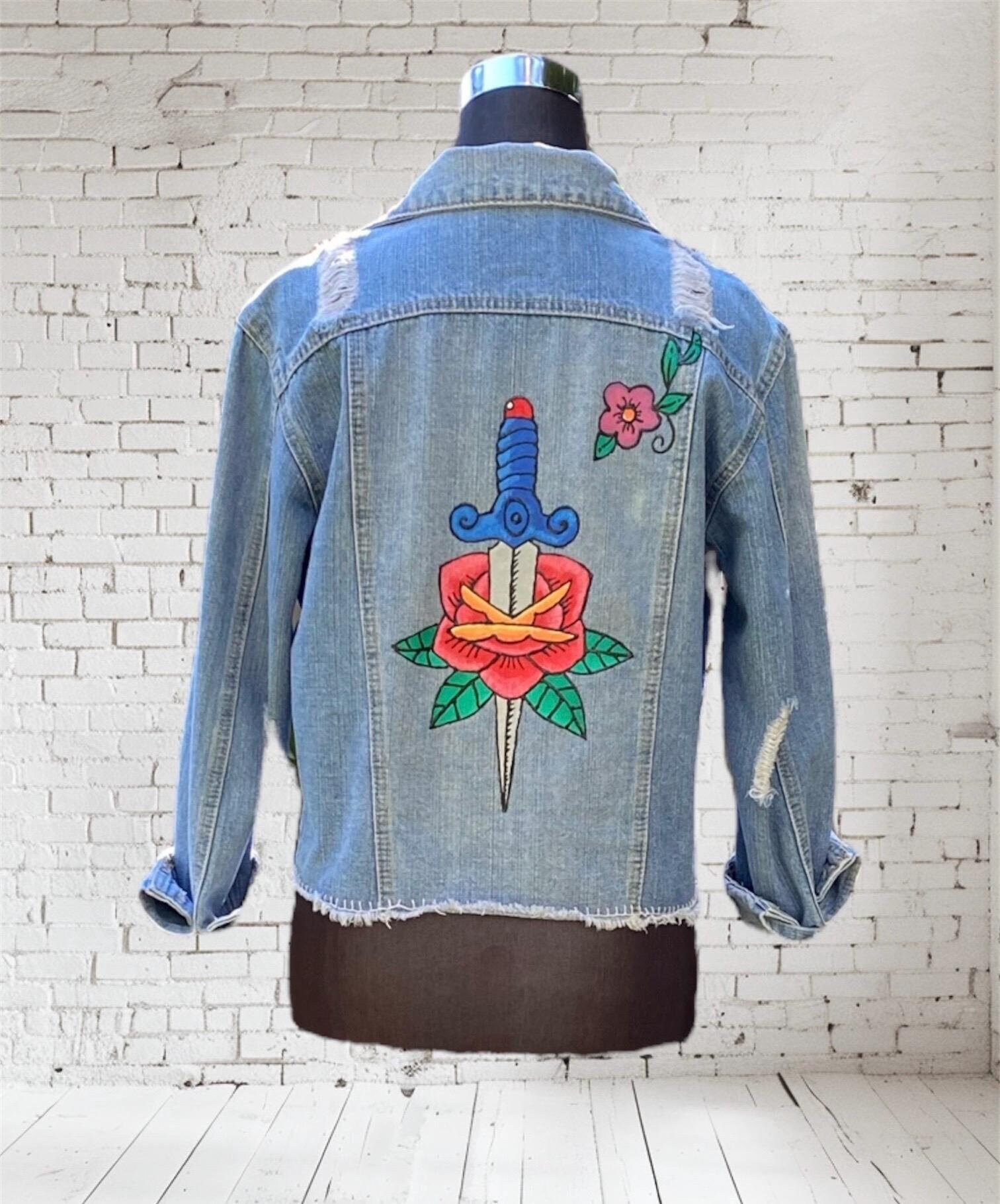 Hand-painted Denim Jacket: Tattoo Flash Art, Dagger, Flower