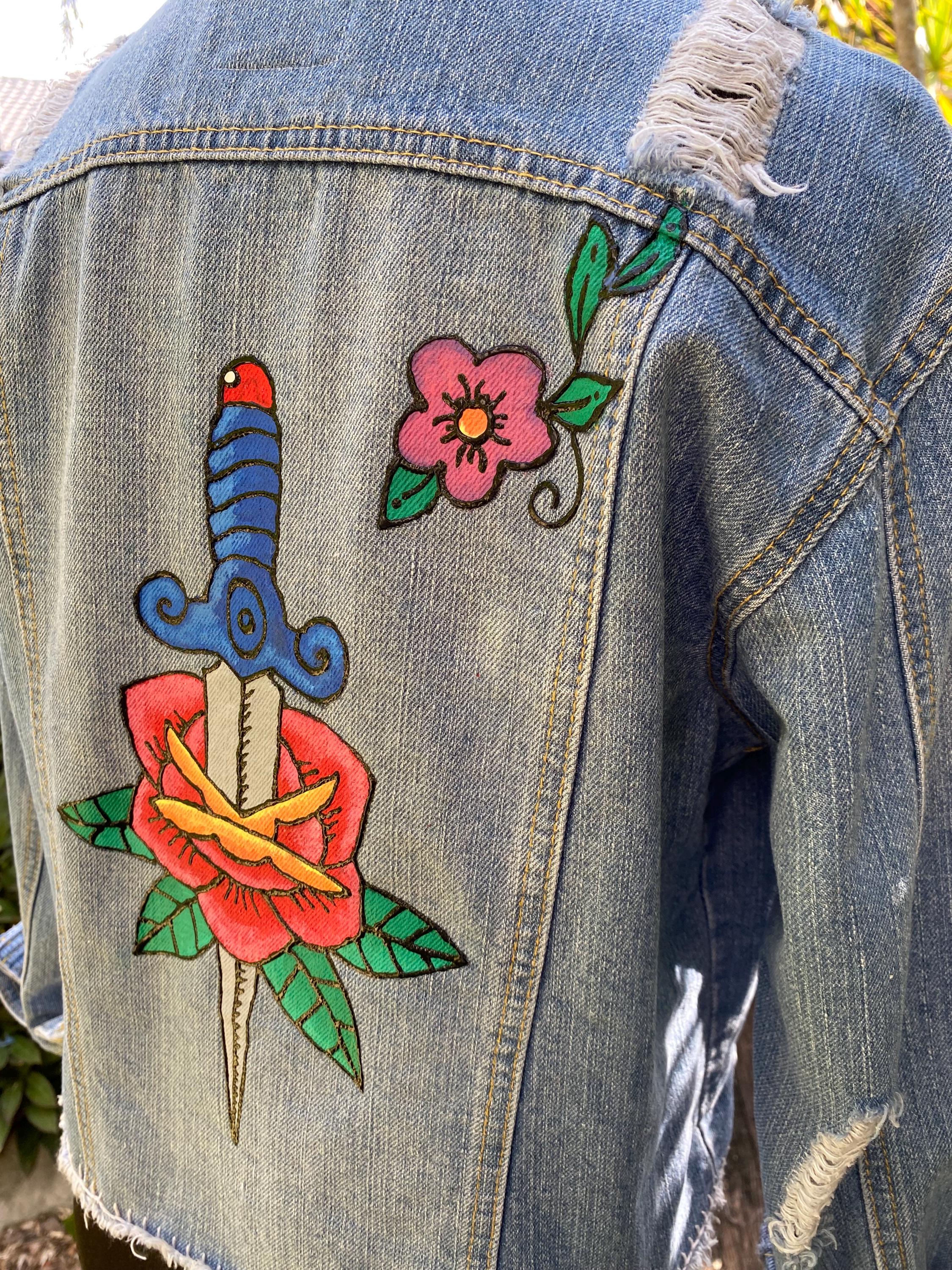 Hand-painted Denim Jacket: Tattoo Flash Art, Dagger, Flower