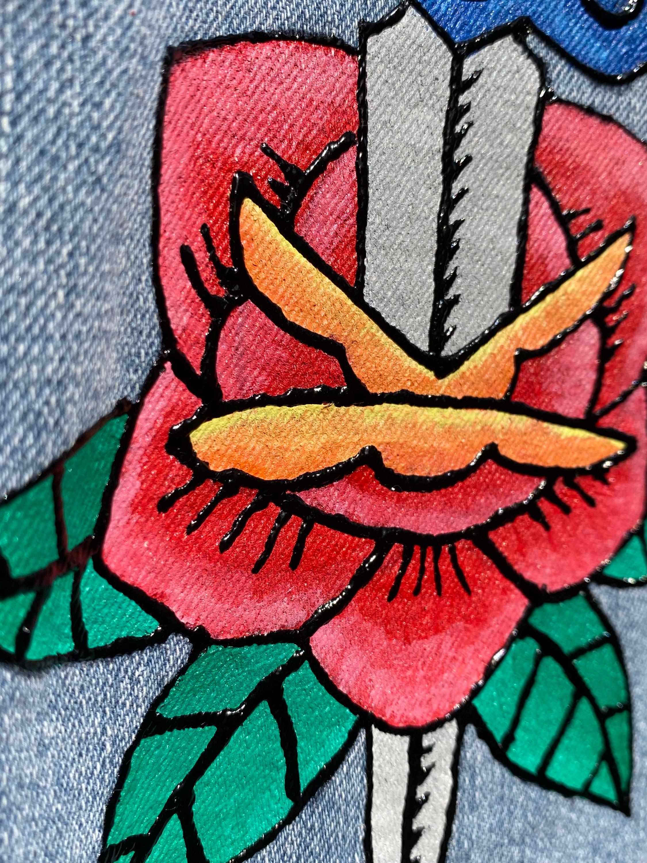 Hand-painted Denim Jacket: Tattoo Flash Art, Dagger, Flower