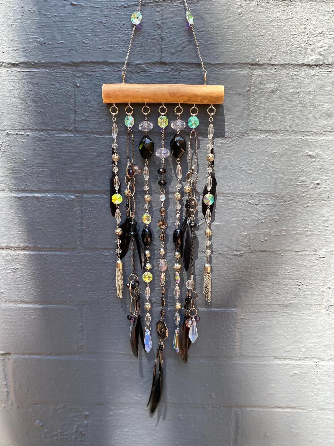 Upcycled Beaded Suncatcher: Black Silver Feather Wall Hanging - Etsy