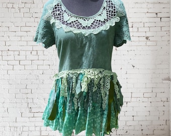 Reworked Green Tunic Top: Bohemian Fairy Cotton Blend (Size M/L)