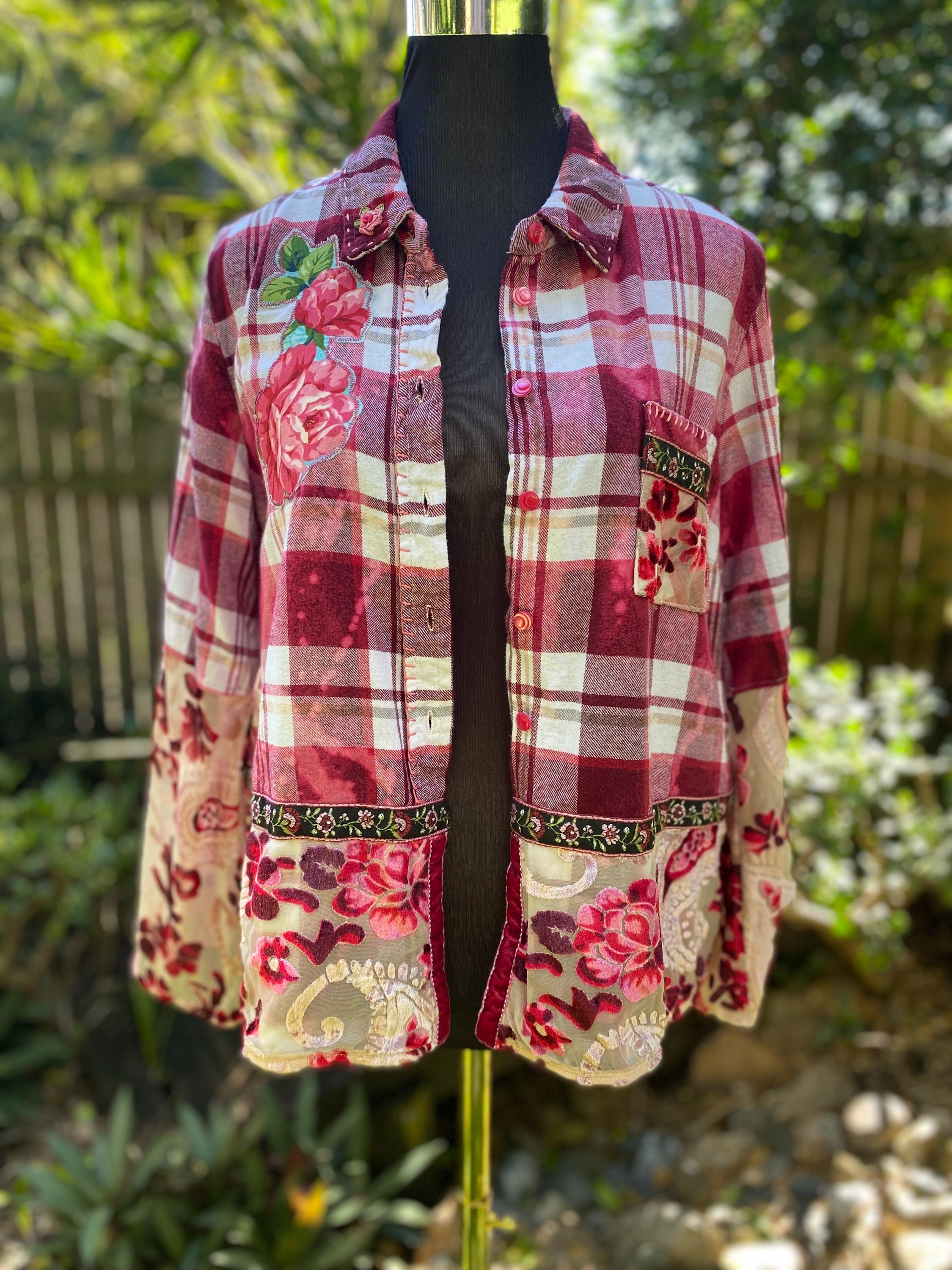Reworked Flannel Shirt Jacket: Floral Velvet, Rose Appliques, Size Medium
