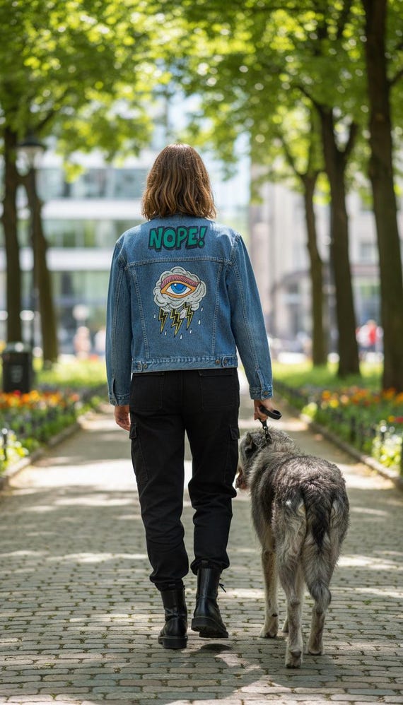 Hand Painted Denim Jacket: 'nope' All Seeing Eye Flash Art (size M