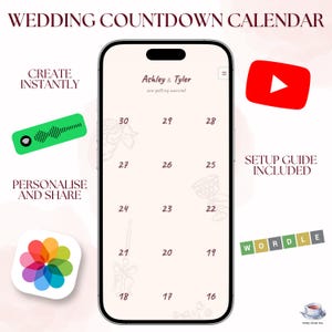 Puede incluir: Un teléfono inteligente que muestra una aplicación de calendario de cuenta regresiva de boda con los nombres Ashley y Tyler. La pantalla muestra una cuadrícula numerada del 16 al 30 con dibujos lineales de artículos de boda. El texto incluye Wedding Countdown Calendar, Create Instantly, Personalise and Share y Setup Guide Included.