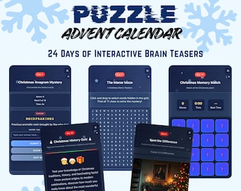 Kalendarz adwentowy z łamigłówkami dla dzieci, odliczanie do Bożego Narodzenia 2025, cyfrowe gry świąteczne w klasie, logiczne łamigłówki i zagadki świąteczne