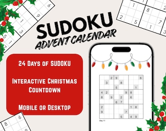 以下が含まれることがあります： 「24 Days of Sudoku, Interactive Christmas Countdown, Mobile or Desktop」と書かれた赤い箱が付いたデジタル数独アドベントカレンダー。画像には、数独パズルとクリスマスライトを表示するスマートフォンが含まれています。