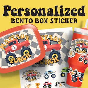 May include: A personalized bento box sticker set with a monster truck theme. The set includes a red bento box, stickers, and a tumbler, all featuring a red monster truck design with the text "MATTAO'S LUNCH". The background is yellow.