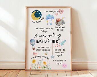 May include: A framed print with the text "A message to my INNER CHILD" and affirmations. The artwork features illustrations of a moon, clouds, an elephant, a hot air balloon, and flowers. The print is displayed on a wooden floor.
